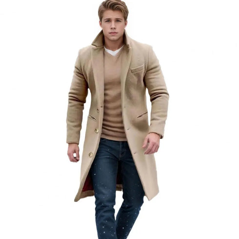 Elegant Men's Woolen Coat with Lapel Pockets - Single Breasted Long Sleeve Jacket Perfect for Autumn and Winter Casual Wear
